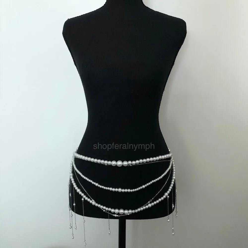 Y2K Coquette White Faux Pearl Layered Draped Chain Belt, 31.5 Inches, X7GA1139